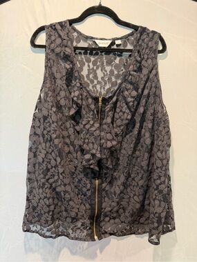Avenue Black Sheer Floral Lace Ruffle Zip Top 30/32